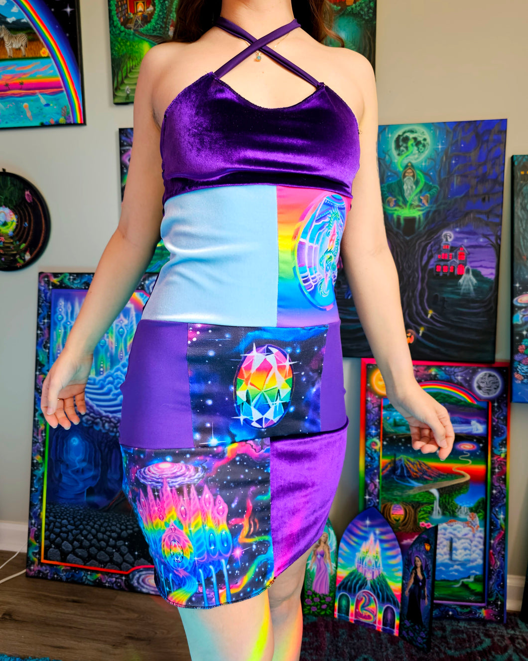 Cosmic Royalty Patchwork Dress- size small/med- RTS