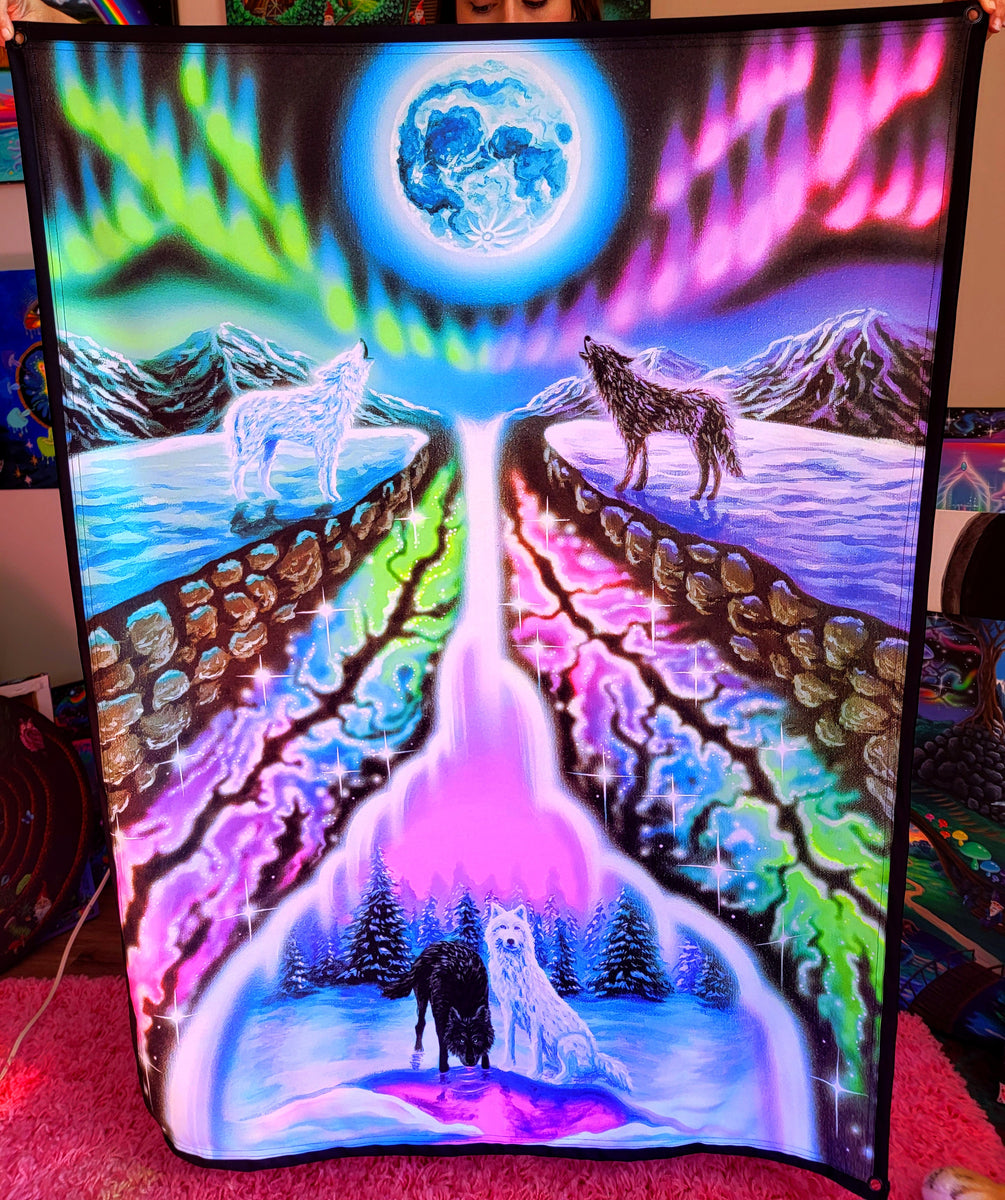 Blacklight Reactive Tapestry of Aurora Moon – AlteredMoonArt